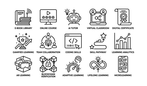 Online education icons set: e-book, ai tutor, virtual classroom, analytics