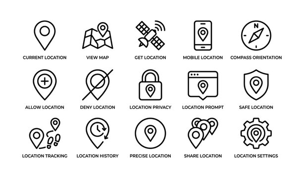 Location icons: gps, map, compass, privacy, sharing, settings