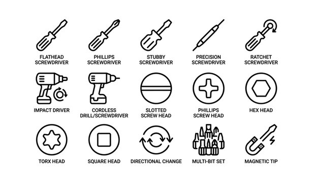Assorted screwdrivers and drill types with various screw heads and tips