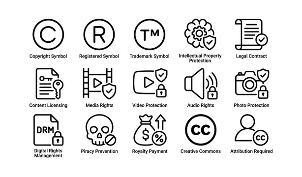 Legal symbols: copyright, trademark, media rights, creative commons icons