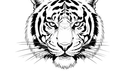 Fototapeta premium Detailed black and white tiger face illustration, majestic big cat head with powerful eyes, fierce predator wildlife sketch