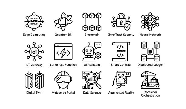 Innovative technology icons: ai, blockchain, quantum computing, iot, metaverse, augmented reality