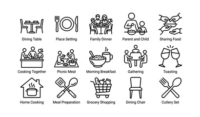Naklejka premium Dining icons: family meals, cooking, and social gatherings