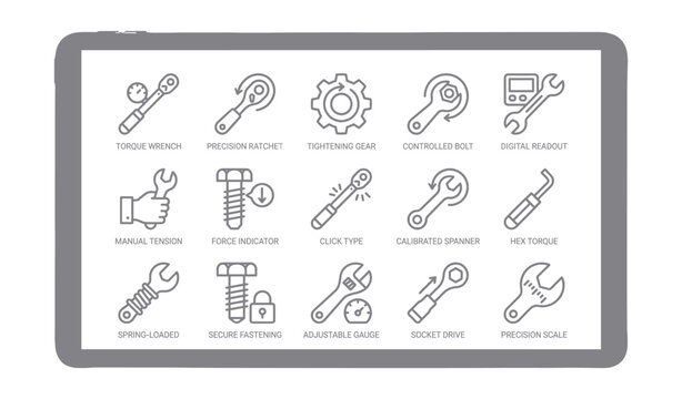 Set of mechanical tools icons including torque wrench and precision ratchet