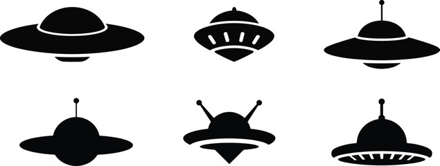 UFO flying saucer silhouettes collection, alien spaceship spacecraft unidentified flying object sci fi vector illustration set isolated design elements © lokman
