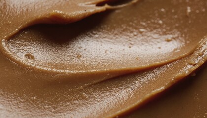 Fototapeta premium Close-up of creamy brown spread with textured swirls, resembling peanut butter or chocolate spread.