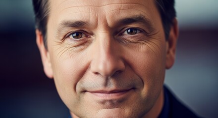 Obraz premium Close-up portrait of a handsome middle-aged businessman with a warm smile, showcasing confidence and professionalism in a modern office setting