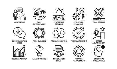 Fototapeta premium Leadership and personal development skills icons set