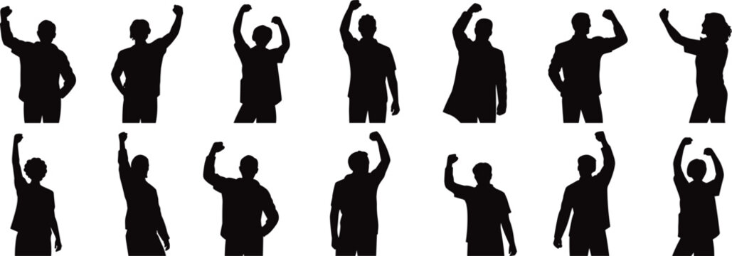 Raised fist protest silhouettes collection, people power gesture activism protest crowd revolution freedom movement vector illustration set isolated