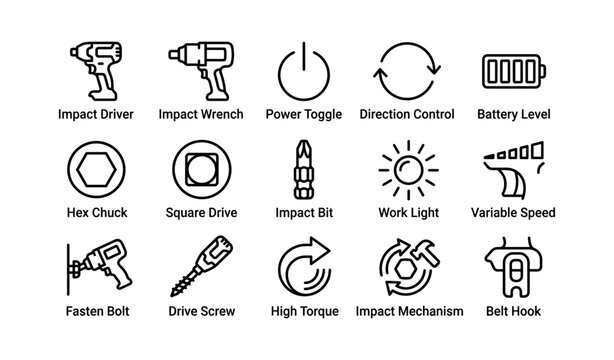 Power tool icons: impact driver, drill, torque, direction, battery