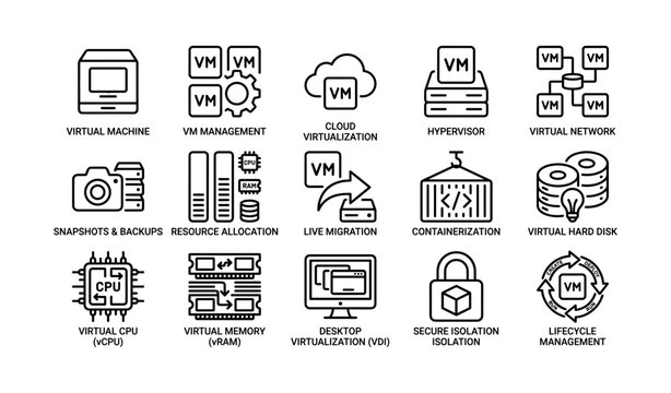 Virtualization concepts icons: virtual machine, cloud, hypervisor, networking, security