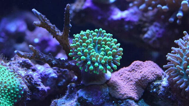 Lush coral reef aquarium scene showcasing vibrant colors and underwater marine life, creating a calming visual experience