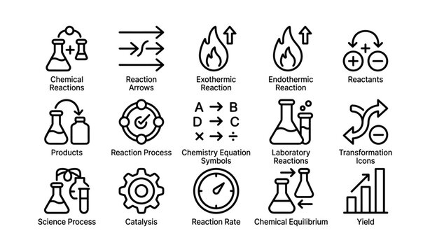 Chemical reaction icons: arrows, exothermic, endothermic, reactants, products, catalysis