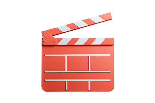 Orange 3d clapperboard opening, representing movie making, entertainment, and multimedia production, with transparent background