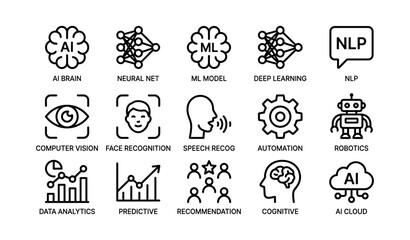 Ai icons set: machine learning, neural networks, robotics, data analytics, speech recognition
