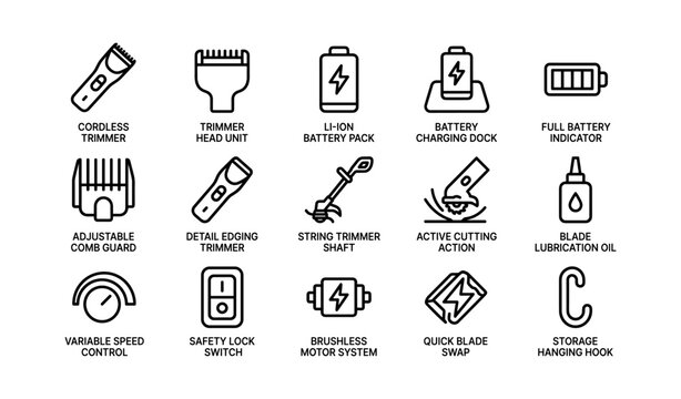 Set of hair trimmer icon designs with essential features and specifications