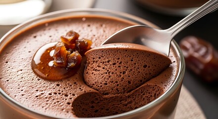 Fototapeta premium A rich chocolate mousse dessert with caramel sauce and nuts being scooped with a spoon from a bowl on a table indoors.