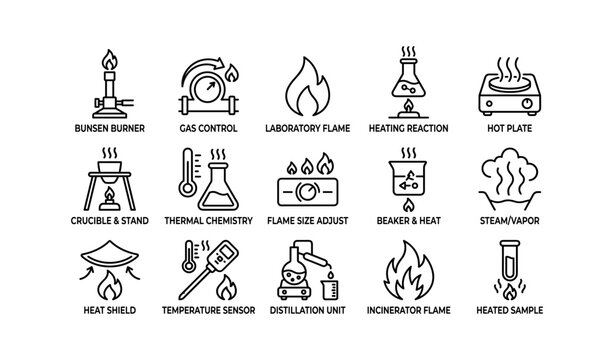 Chemistry laboratory equipment icons featuring bunsen burner and distillation units