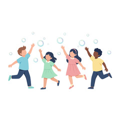 Obraz premium Diverse children playing with soap bubbles, happy childhood, outdoor fun, summer day