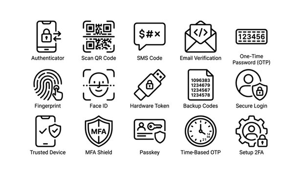 Authentication and security icons featuring qr codes, face id, and mfa