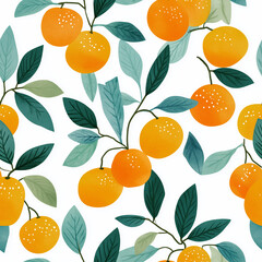 Obraz premium Seamless orange branch pattern with bright citrus fruits and soft green leaves, minimalist botanical illustration on a light background for fresh wallpaper, textile, packaging, and decor art