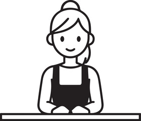 Obraz premium Hand Drawn Woman Sitting at Desk Black and White Avatar Illustration in Minimal Line Art Style Design
