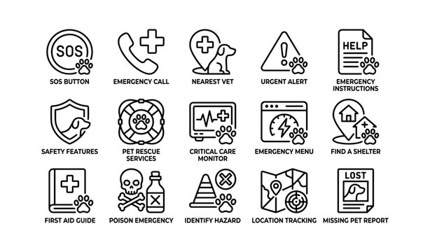Emergency pet safety icons: sos button, rescue services, and alerts