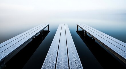 Fototapeta premium Wooden Pier Extending into Calm Water Under a Cloudy Sky.
