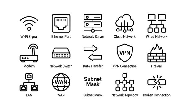 Network icons set: wi-fi, ethernet, server, cloud, vpn, firewall