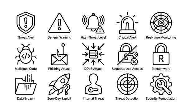 Cybersecurity icons collection: alert symbols, threat detection, and security measures