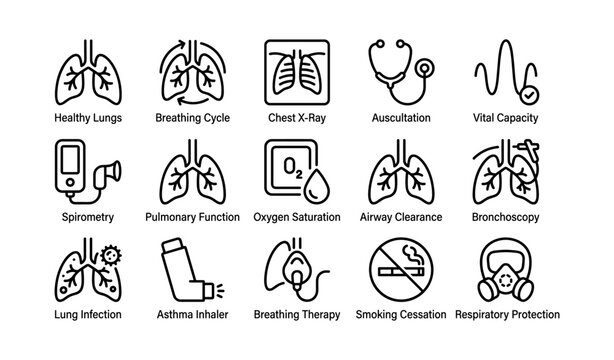 Respiratory health icons: lung function, breathing techniques, and medical tools