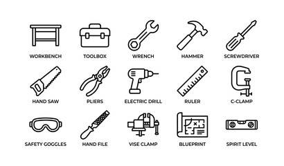 Fototapeta premium Collection of essential hand tools icons for workshop and construction