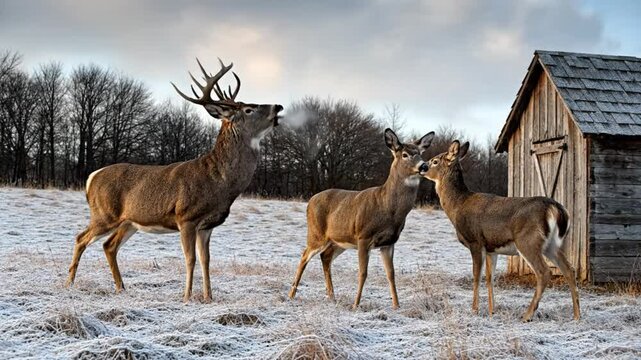 Majestic buck vocalizes near two does in a serene snowy field next to rustic shed, nature wildlife scene
