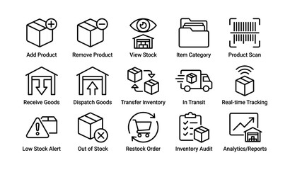 Fototapeta premium Warehouse management icons: inventory, tracking, restock, audit, analytics
