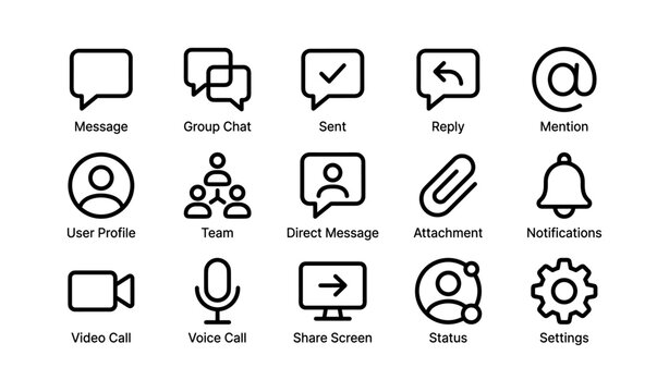 Communication and settings icon set including message, group chat, and notifications
