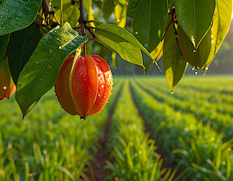 Ultra HD Shot of Fresh Caimito Fruit Glistening with Water Droplets in Golden Hour Light &ndash; Perfect for Exotic Produce, Farm-to-Table & Botanical Food Concepts