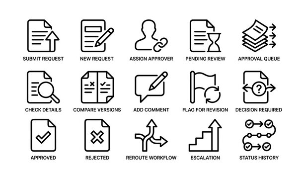Workflow icons set: request, review, approval, comments, rejected, approved, decision