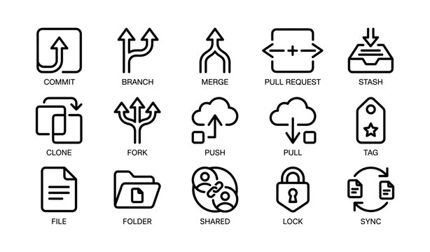 Version control icons: git actions and repository management symbols