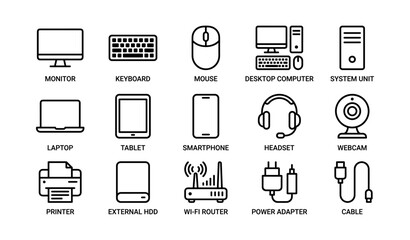 Icon set of computer and technology devices including monitor, keyboard, mouse, and more