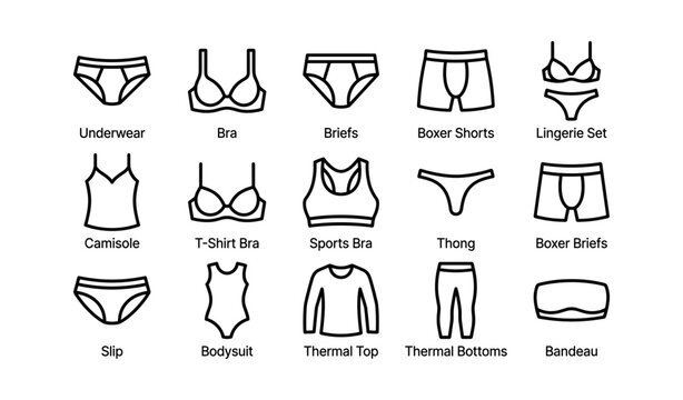 Types of underwear and lingerie icons: bra, boxers, thong, camisole, bodysuit
