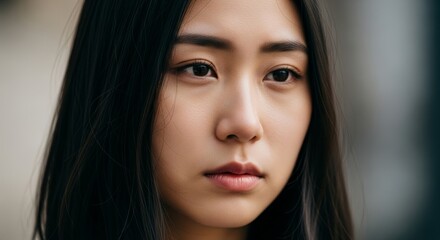 Close up portrait of a young Asian woman with dark hair, her gaze directed forward with a neutral expression