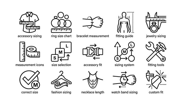 Accessory and jewelry sizing guide with measurement icons and tools