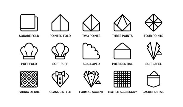 Various pocket square folding styles and patterns guide illustrated icons