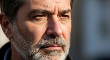Obraz premium Close-up of a serious older man with a beard, his gaze fixed intently on something out of frame, suggesting deep thought or concern