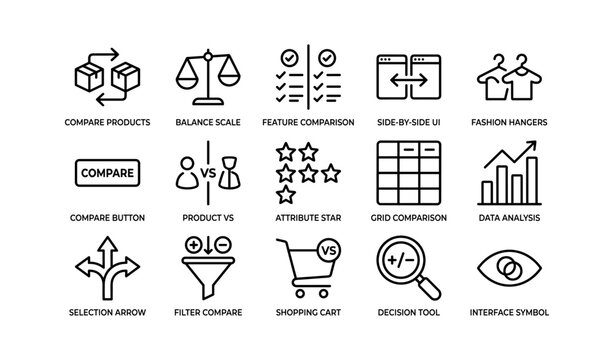 Product comparison icons: balance, features, ui, hangers, data analysis symbols