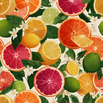 Seamless citrus pattern with grapefruit, orange, lemon, and lime slices, green leaves, and white blossoms in a vibrant botanical fruit illustration for wallpaper, textile, and decor art