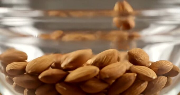 Almonds and walnuts in glass bowl.