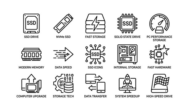 Ssd and storage icons: fast, solid state, nvme, system speedup