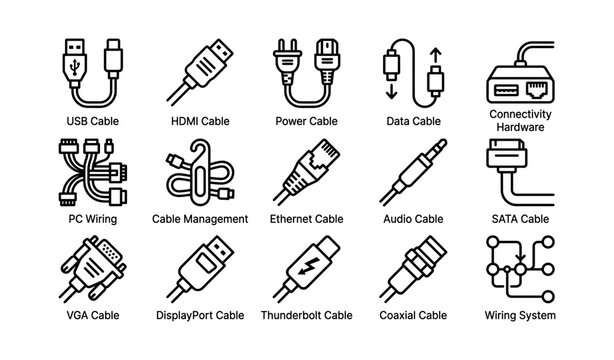 Collection of various cable types including hdmi, usb, and ethernet