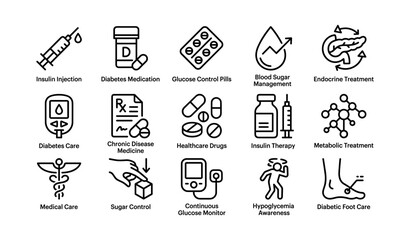 Fototapeta premium Diabetes care icons: treatment, medication, monitoring, management, therapy